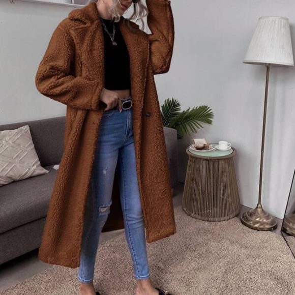 Camel wide collar teddy button trench Coat Jacket Fall - Picture 5 of 10